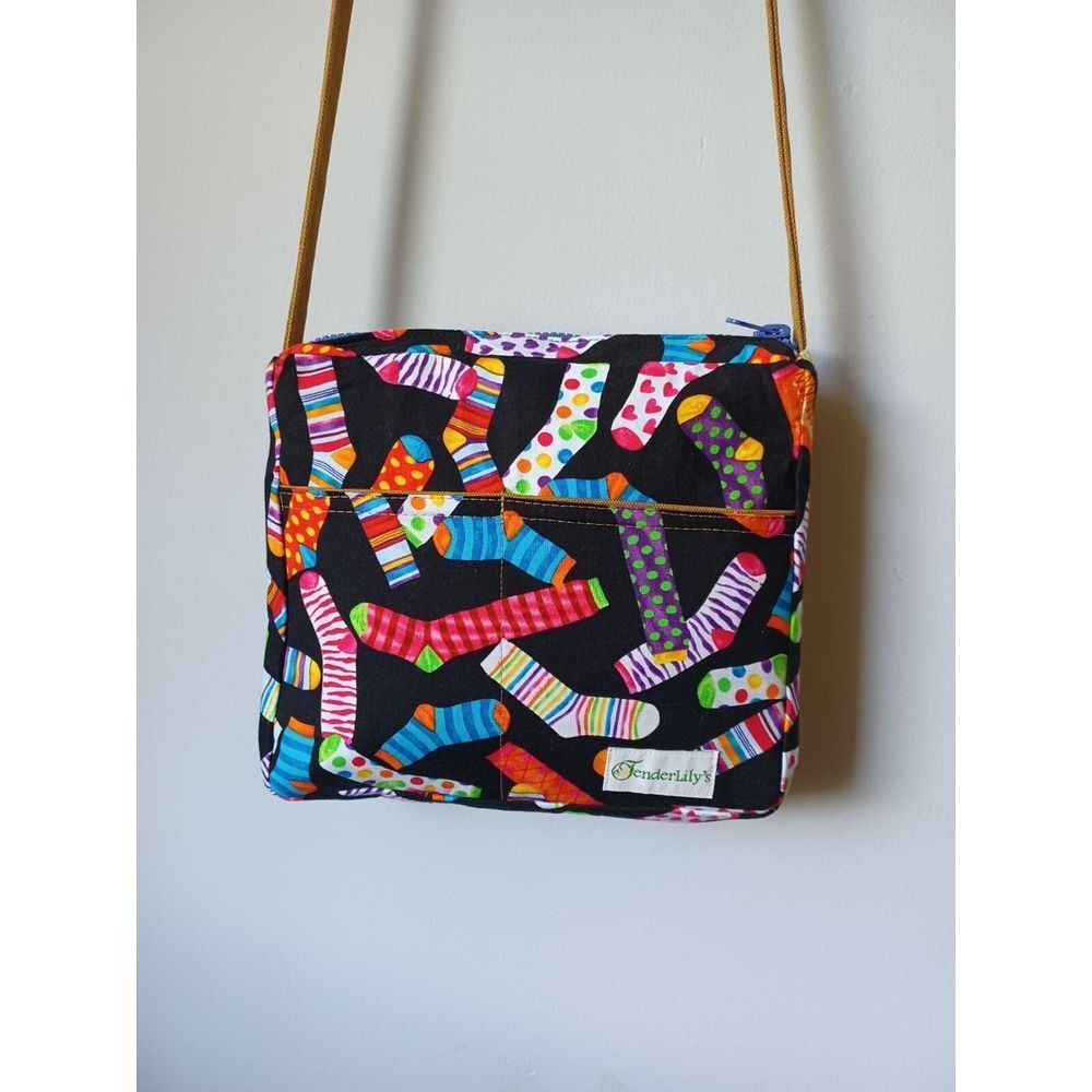 Tenderlily's Colorful Sock Print Crossbody Bag Black Fabric Shoulder Purse‎